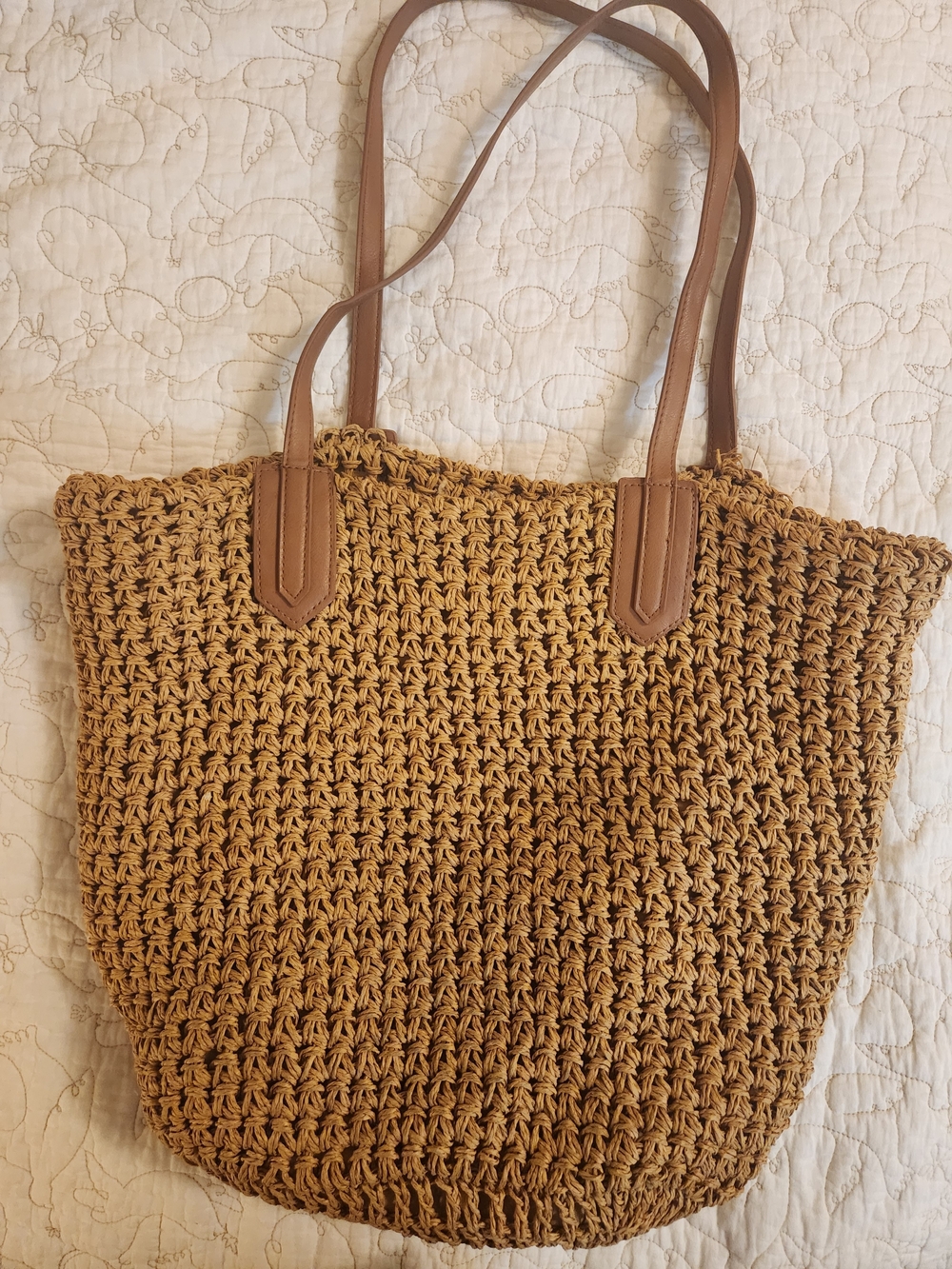 Woven Tan Tote Bag with Leather Straps